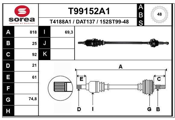 EAI Veio de transmissão T99152A1 Semi eixo transmissão EAI Ford USA ESCAPE T99152A1