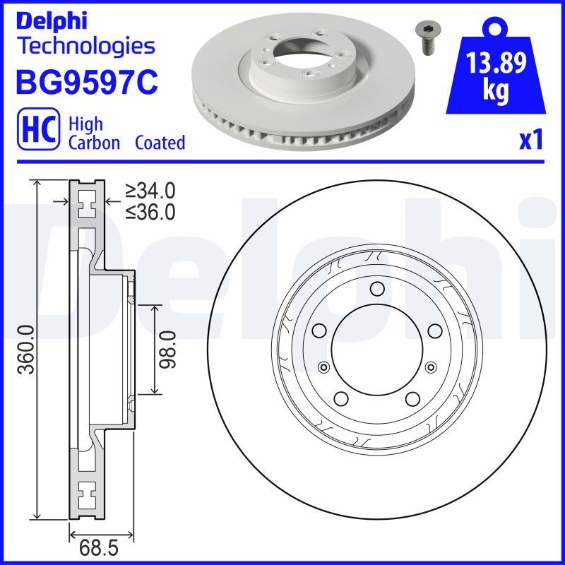 DELPHI Brzdový kotouč BG9597C DELPHI BG9597C Brzdový kotouč PORSCHE Taycan (Y1A) 4S Performance Battery Plus 571 KS 2025