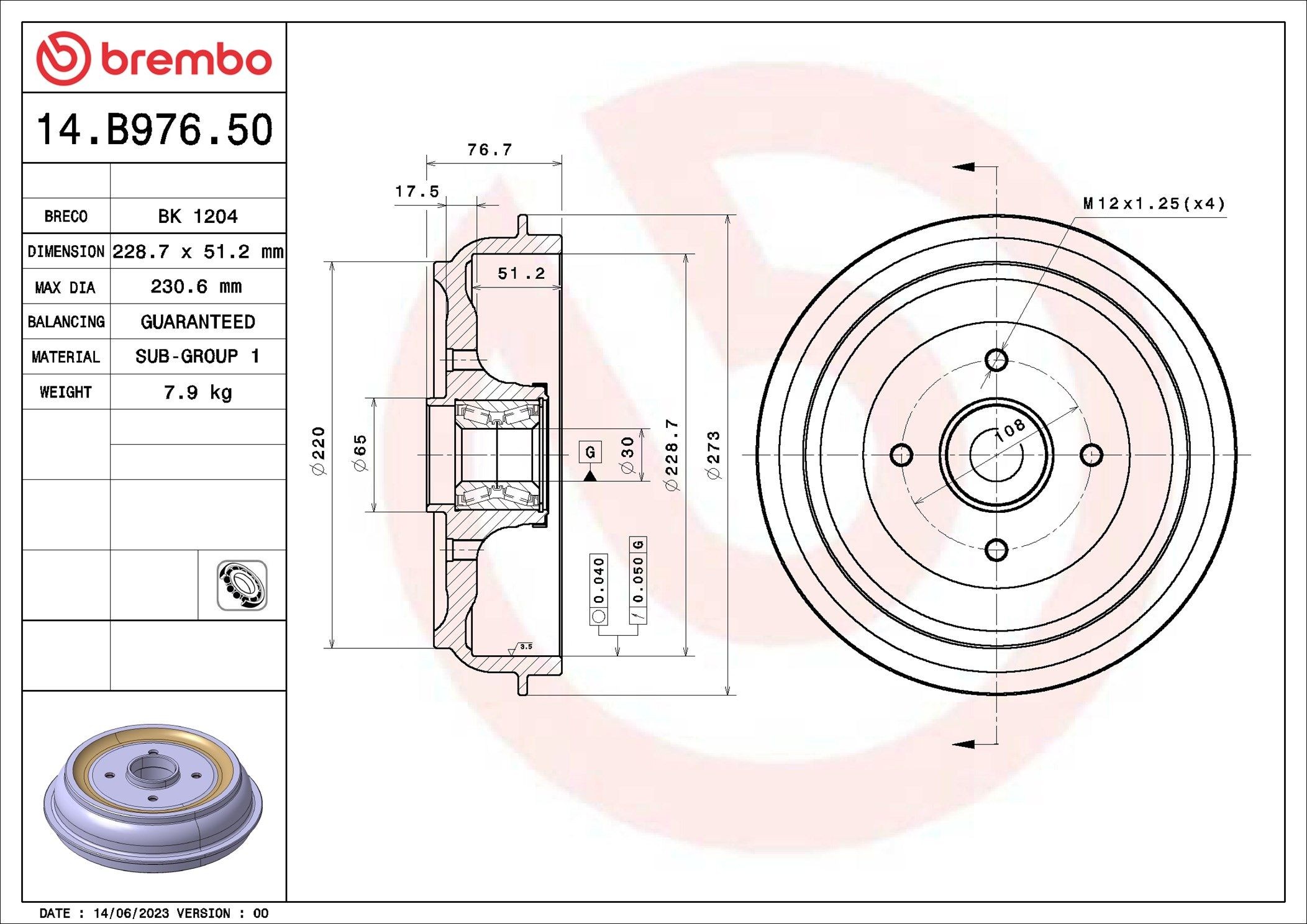 Bremžu trumulis BREMBO 14.B976.50 BREMBO 14.B976.50: Bremžu trumuļi Peugeot 207 2014
