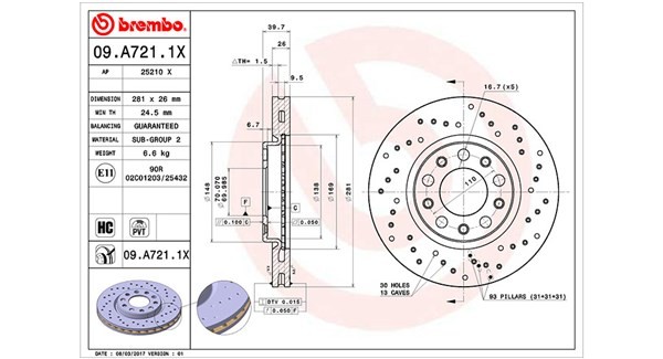 MAGNETI MARELLI Jarrulevy 360406142002 Jarrulevy MAGNETI MARELLI 281x26mm, 5, tuuletettu sisältä, pisaranmuotoiset tuuletuslaipat