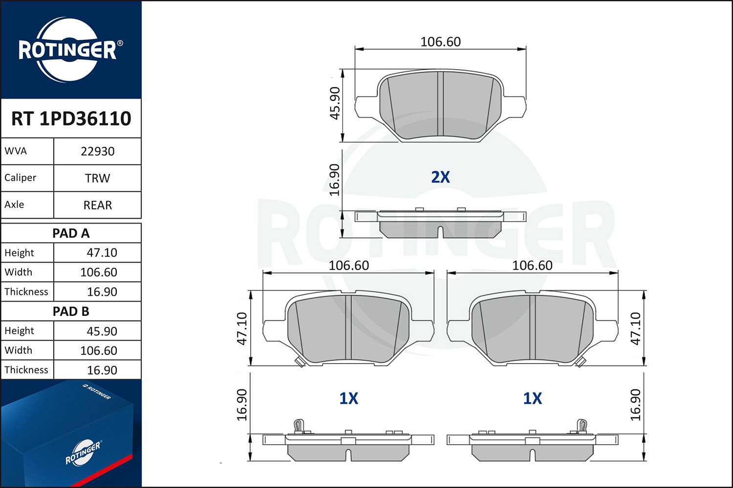 ROTINGER Bromsbelägg RT 1PD36110 RT 1PD36110 ROTINGER bromskloss CHEVROLET CRUZE