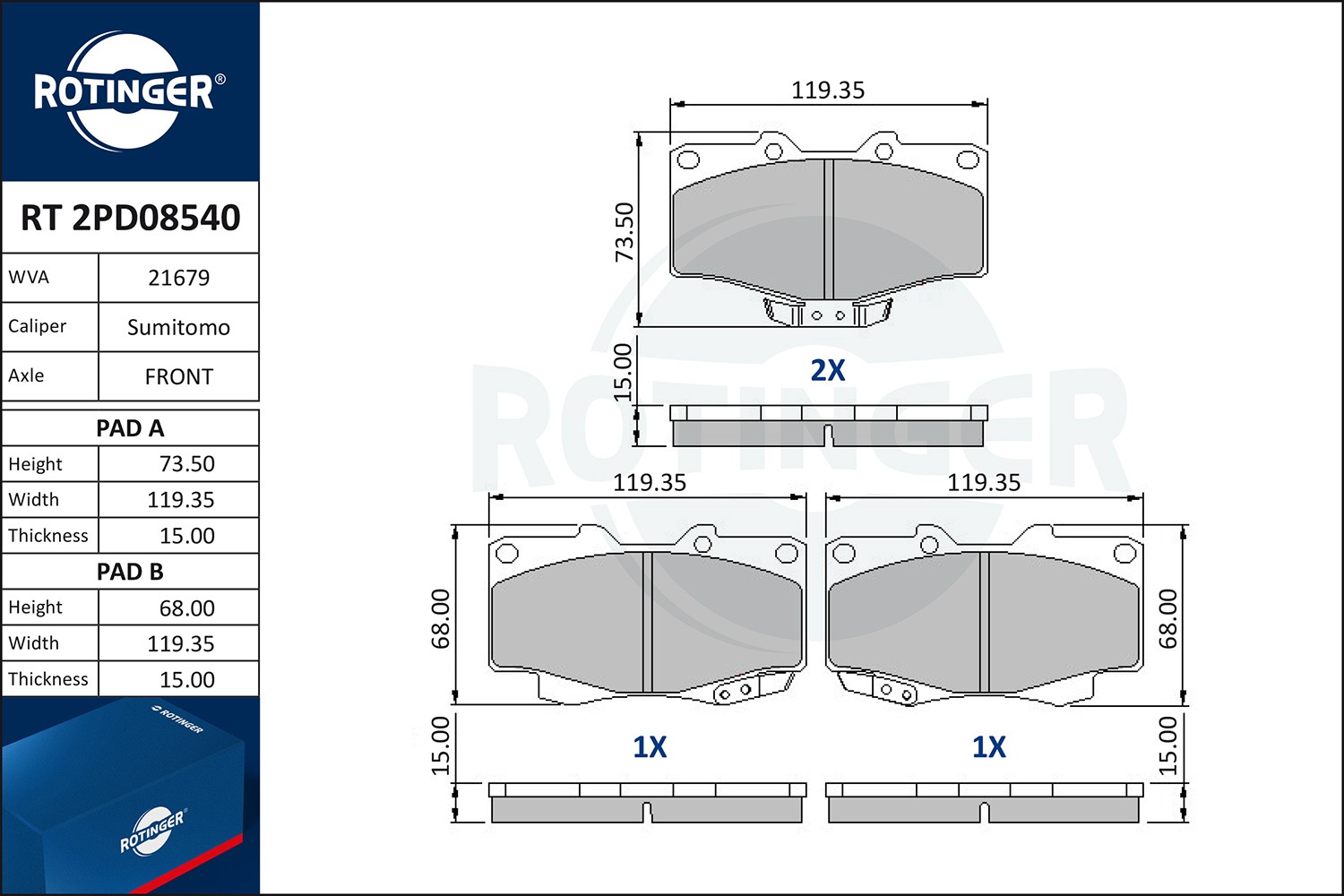 ROTINGER Piduriklotsid RT 2PD08540 Piduriklotsid BMW ROTINGER RT 2PD08540