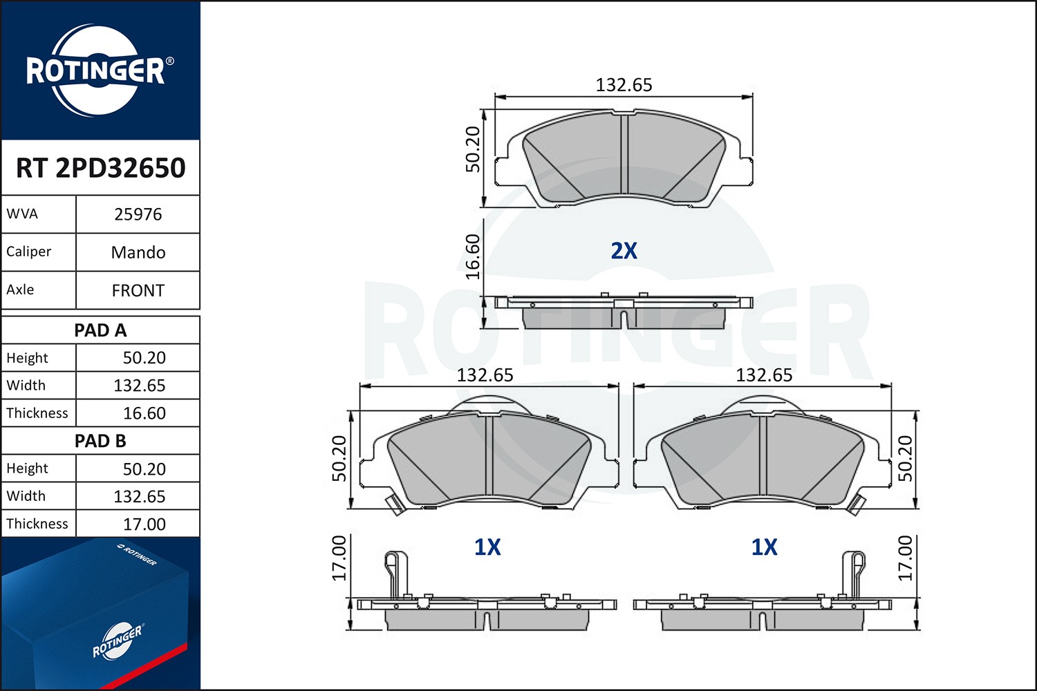 ROTINGER Bremseklodser RT 2PD32650 Sports bremseklodser HYUNDAI ROTINGER RT 2PD32650