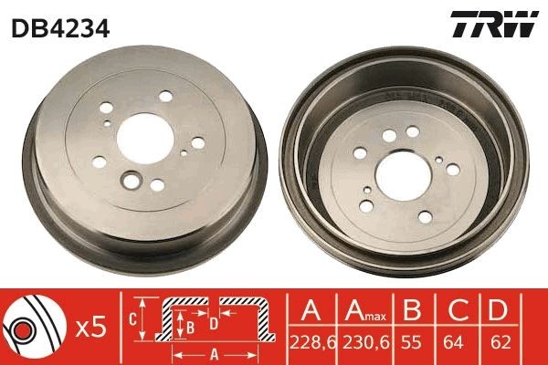 TRW Bremžu trumulis DB4234 Bremžu trumuļi TRW Toyota YARIS DB4234