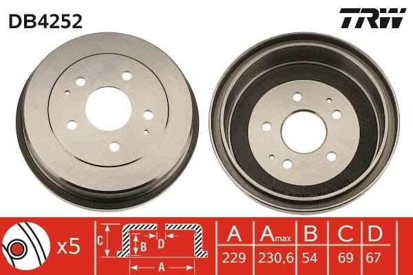 TRW Bremžu trumulis DB4252 DB4252 Bremžu trumuļi TOYOTA YARIS TRW