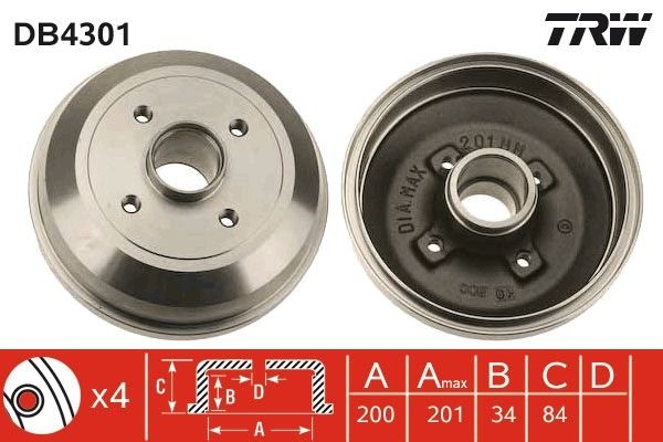 TRW Brake drum DB4301 DB4301 TRW brake drum for VAUXHALL CORSA