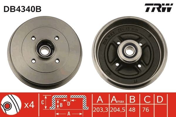 TRW Brzdový bubon DB4340B DB4340B Bubnové brzdy NISSAN PULSAR TRW