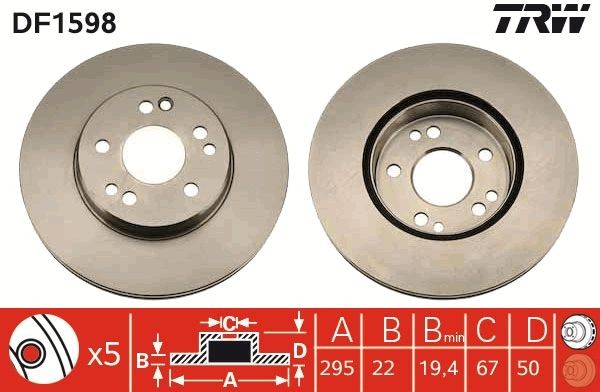 TRW Brake disc DF1598 Mercedes-Benz A124 Brake discs and rotors DF1598 TRW