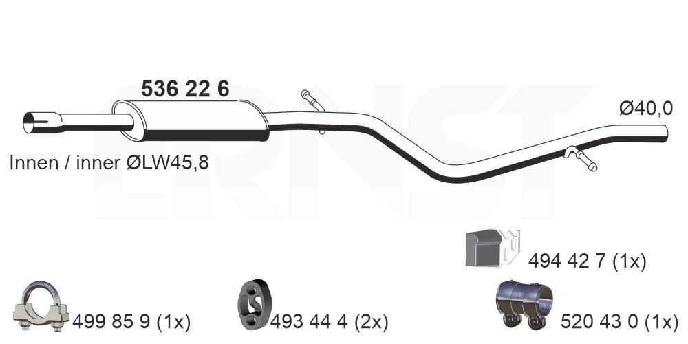 ERNST Vidējais izpl. gāzu trokšņa slāpētājs 536226 536226 Vidējais trokšņa slāpētājs DACIA DUSTER ERNST