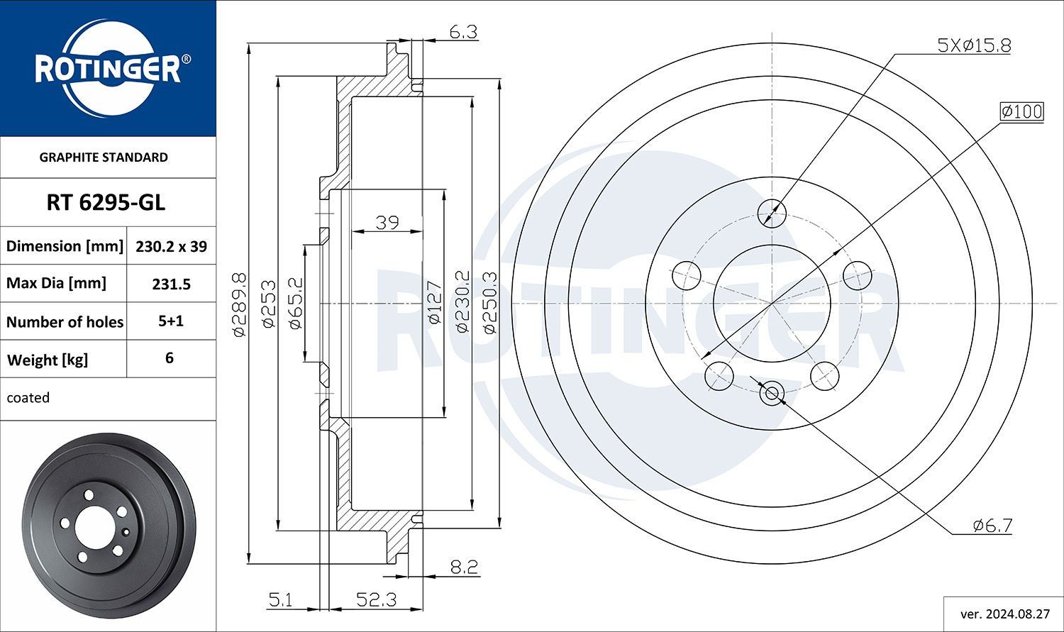 ROTINGER Bremsetrommel RT 6295-GL Bremsetrommel ROTINGER Ford TRANSIT RT 6295-GL