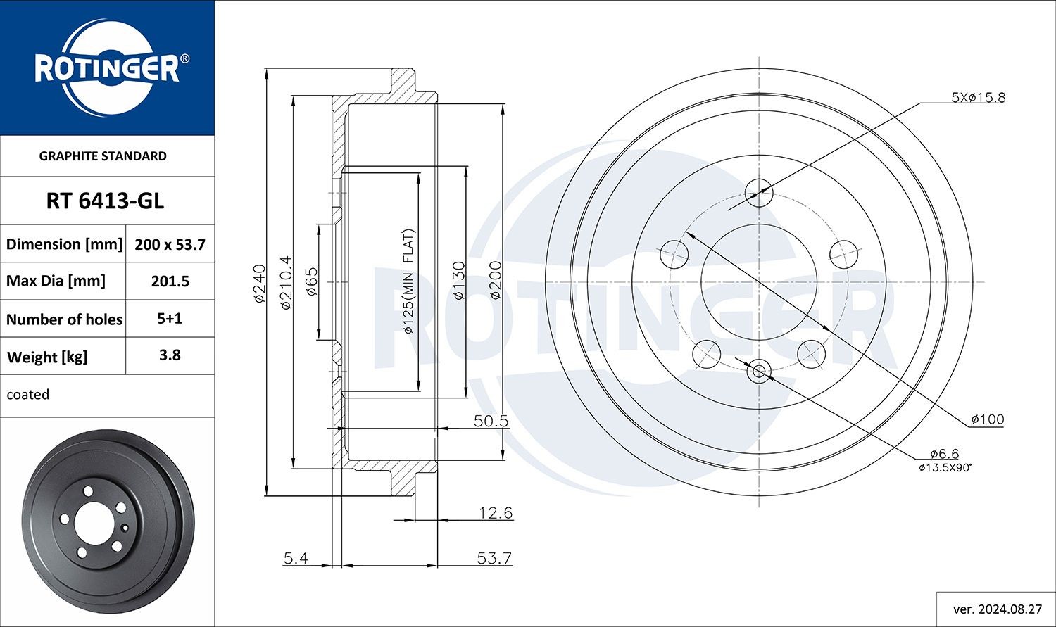 ROTINGER Bremsetromle RT 6413-GL Bremsetromler ROTINGER 206 RT 6413-GL billig