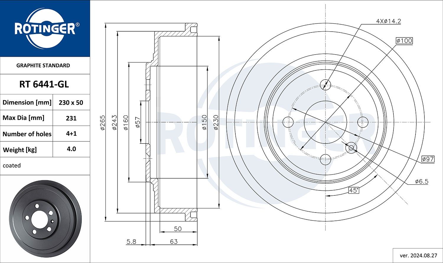 ROTINGER Bremsetrommel RT 6441-GL Bremsetrommel ROTINGER TRANSIT RT 6441-GL billige