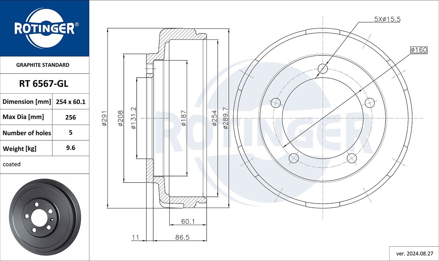 ROTINGER Tamburo freno RT 6567-GL RT 6567-GL costo Tamburo freno FIAT MULTIPLA ROTINGER