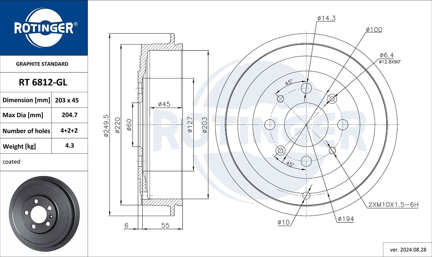 ROTINGER Bremsetromle RT 6812-GL Bremsetromler ROTINGER 206 RT 6812-GL billig