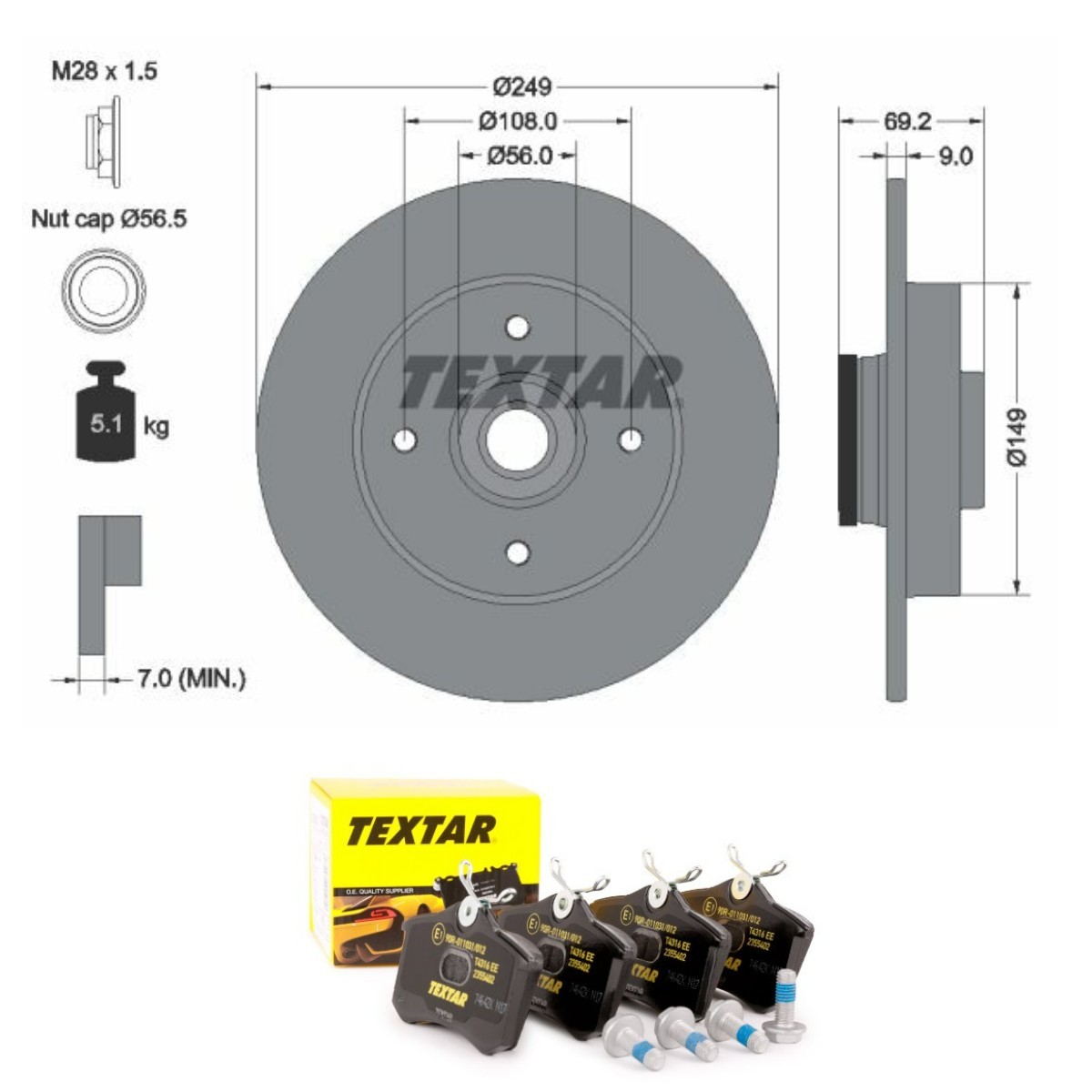 Bremseskiver og -klosser TEXTAR TXR3405N0009 TEXTAR PRO TXR3405N0009: Bremsekit Peugeot 307 2022