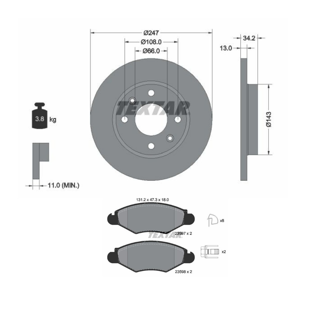 Disques et plaquettes de freins TEXTAR TXR3405N0023 TEXTAR PRO TXR3405N0023: Kit de freinage Citroen XSARA 2020