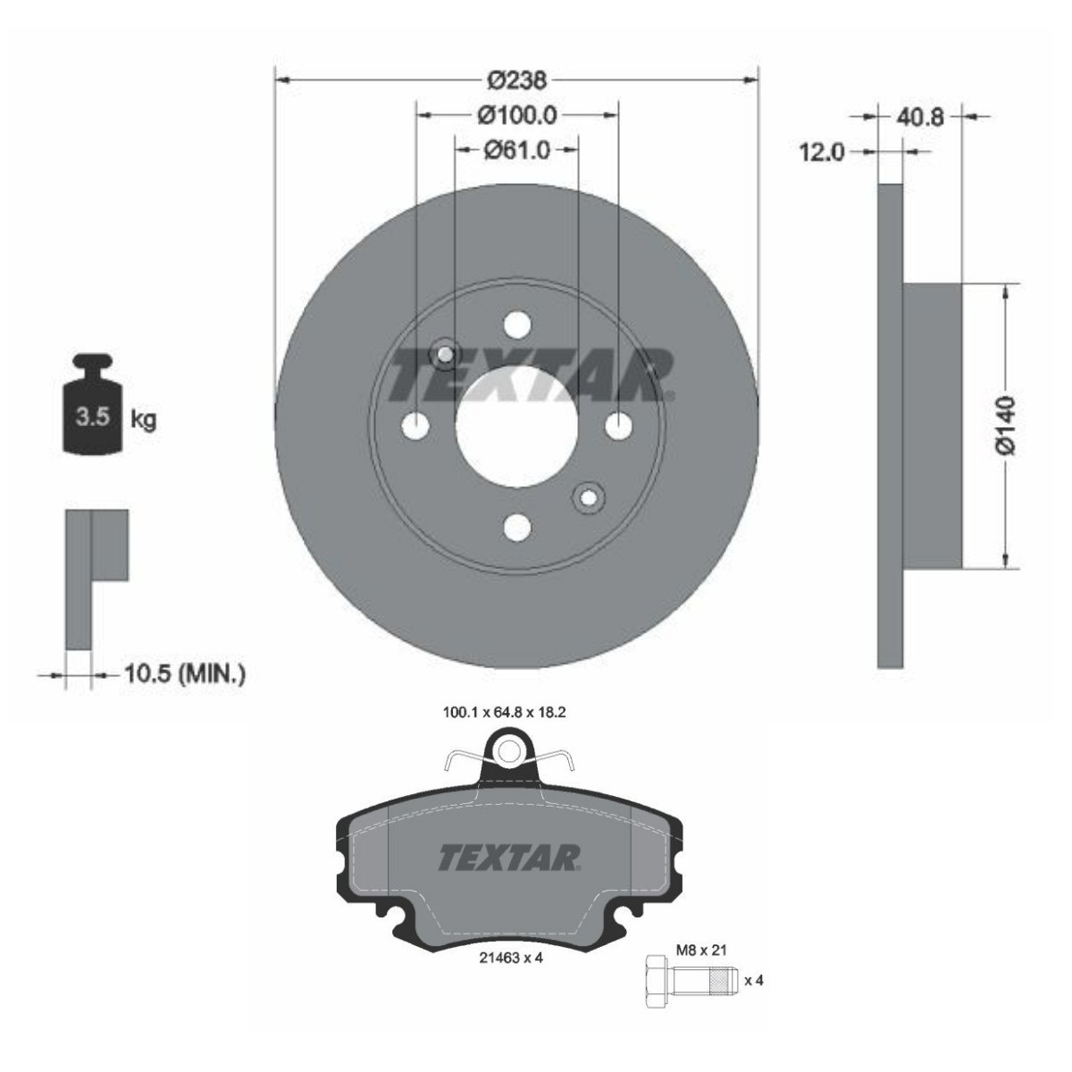 Σετ φρένων, δισκόφρενα TEXTAR TXR3405N0037 TEXTAR PRO TXR3405N0037 Δισκόπλακες & τακάκια φρένων RENAULT CLIO 1999