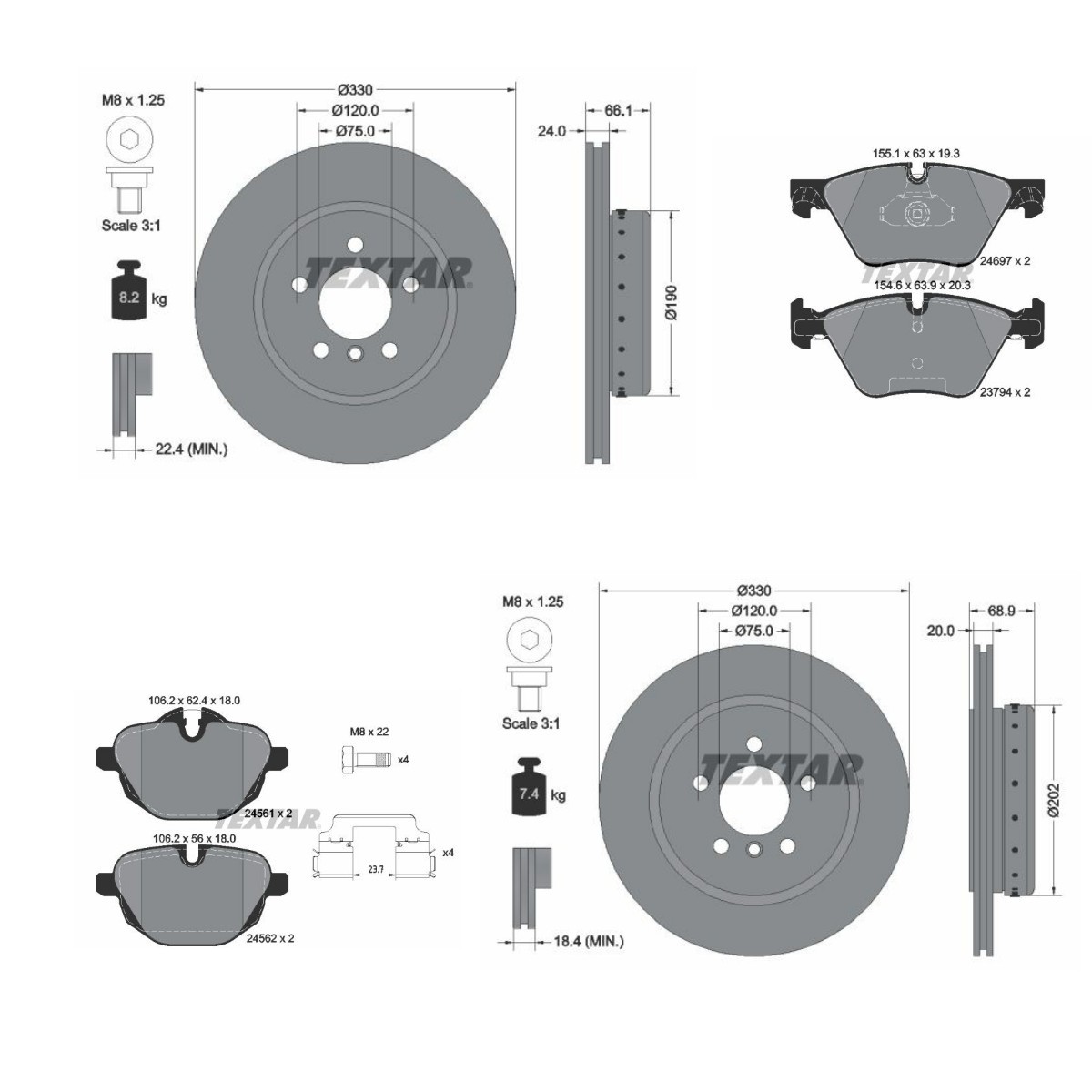 TEXTAR Bromssats, skivbroms TXR3405FR003 TXR3405FR003 TEXTAR Bromsbelägg och -skivor Chevrolet