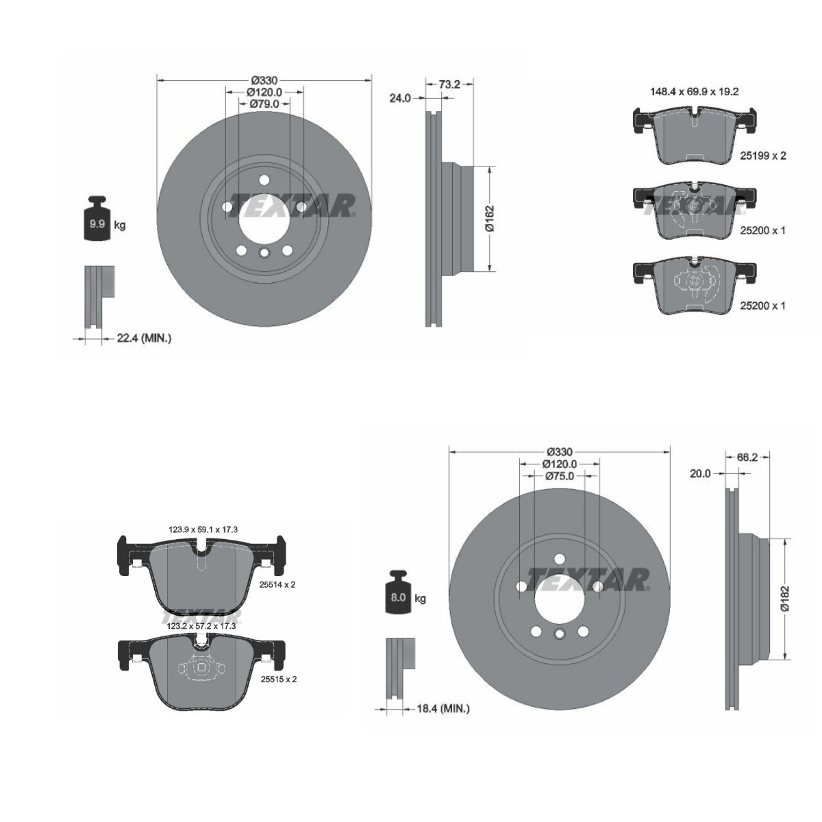 TEXTAR Bremseskiver og -klosser TXR3405FR015 TEXTAR TXR3405FR015 originale Bremsesett BMW F36 hva koster