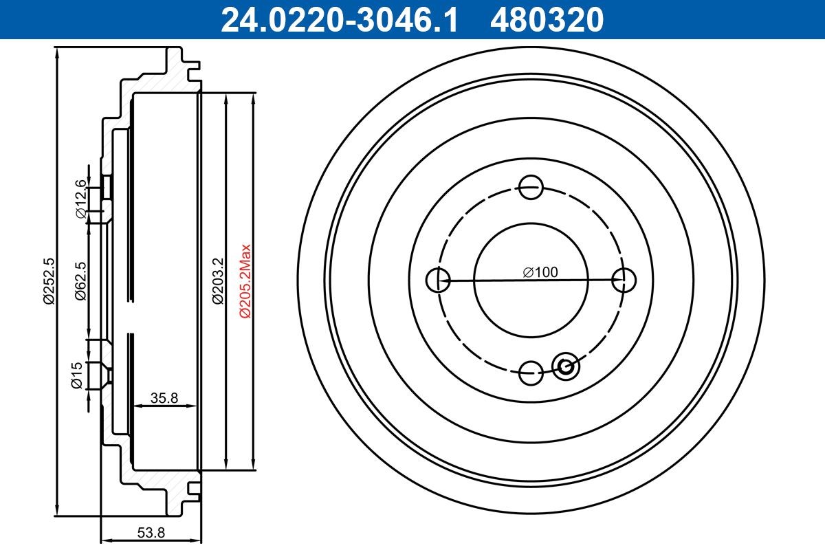 Piduritrummel ATE 24.0220-3046.1 ATE 24.0220-3046.1 Piduritrummel HYUNDAI i20 2015