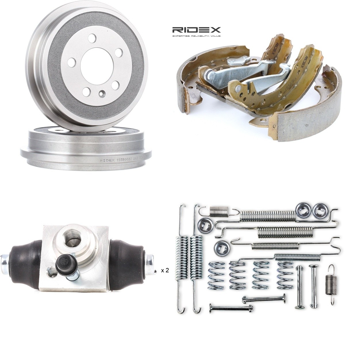 RIDEX Jarrukenkäsarja, rumpujarru 3859B0504 Jarrukenkäsarja, rumpujarru RIDEX Taka-akseli, Tarvikkeilla