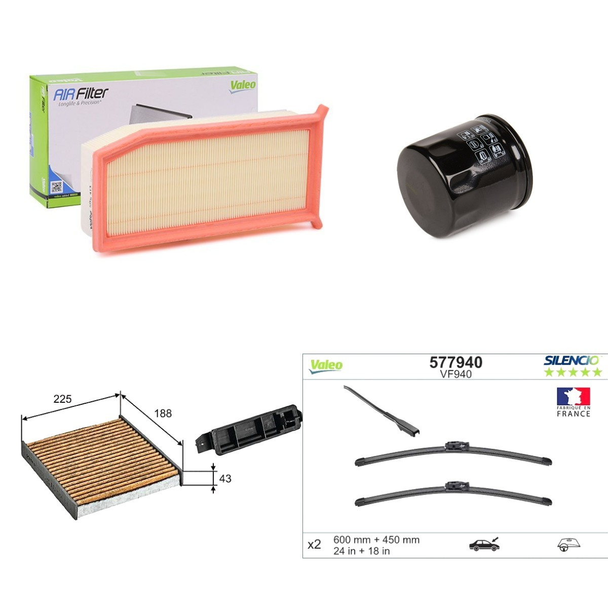 VALEO Inspektionspaket VAL4682SK036 VAL4682SK036 VALEO SILENCIO FLAT BLADE SET DACIA Jogger I MPV Inspektionspaket und Filterset Kosten