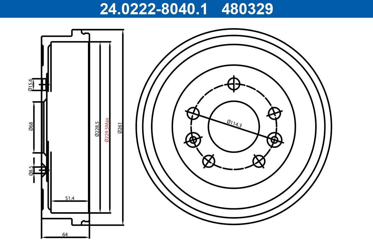 Tambour de frein ATE 24.0222-8040.1 ATE 24.0222-8040.1: Tambour de frein Dacia DUSTER 2015
