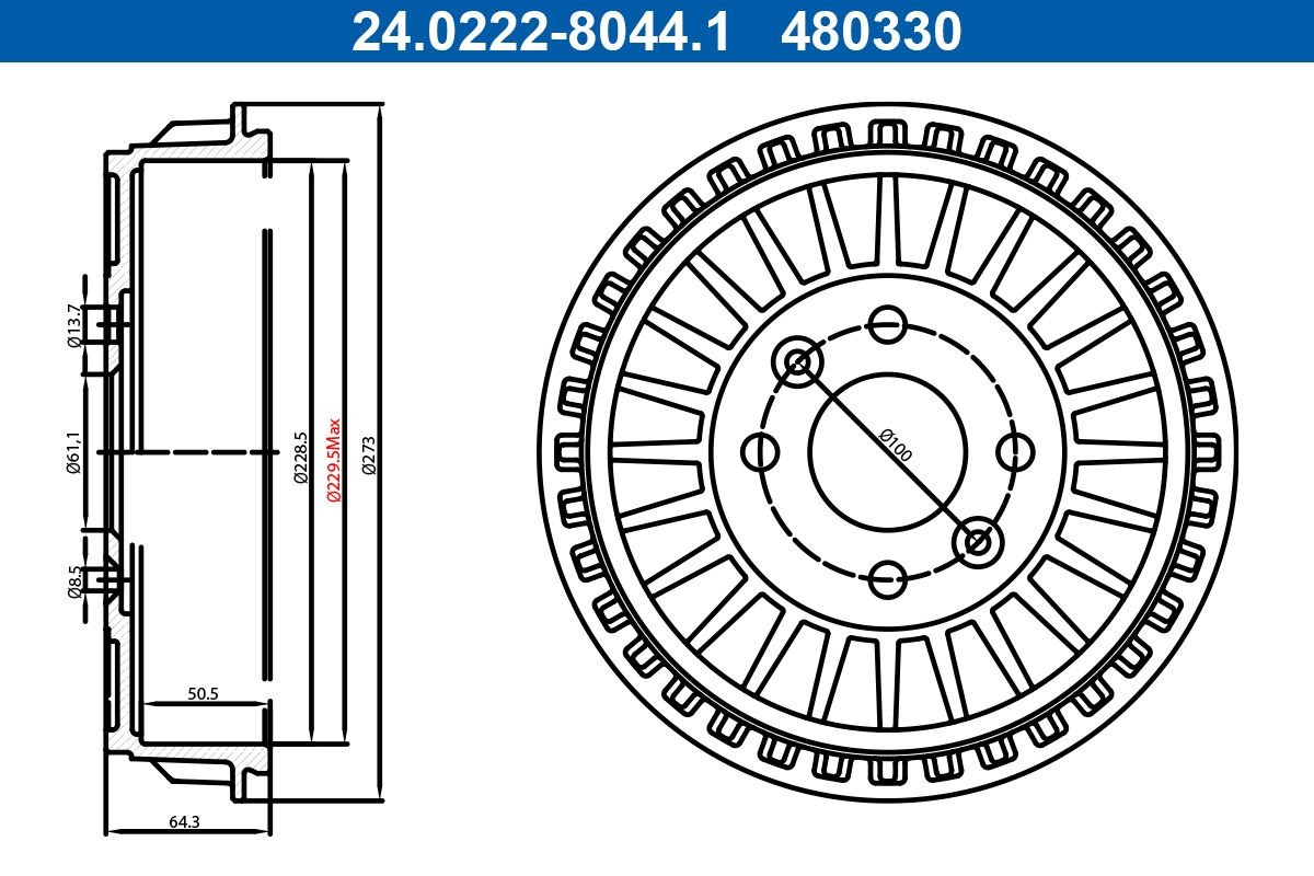 ATE Bremsetrommel 24.0222-8044.1 Trommelbremse ATE Smart CROSSBLADE 24.0222-8044.1
