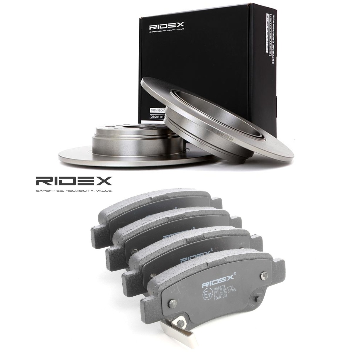 RIDEX Bromssats, skivbroms 3405B3414 MG bromsbelägg och -skivor RIDEX 3405B3414