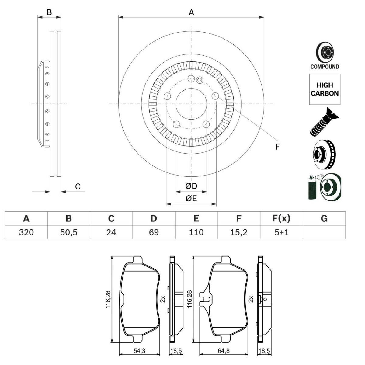 BOSCH Bromssats, skivbroms BSH3405N0227 BOSCH BSH3405N0227 Bromsskivor och bromsbelägg Mercedes W222 fram och bak