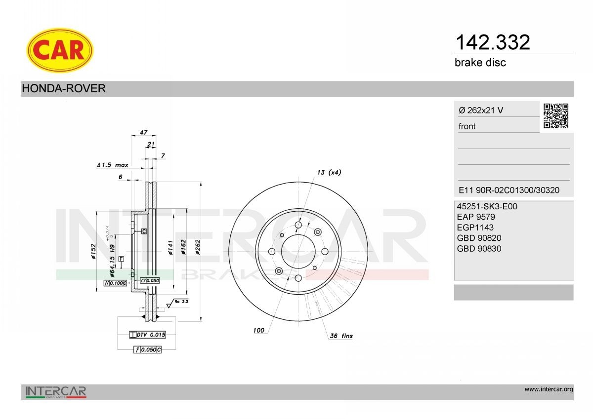 CAR Bremseskive 142.332 Skiver CAR FIAT 142.332