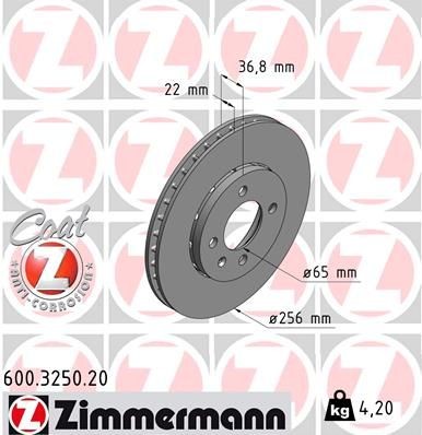 Brake disc ZIMMERMANN 600.3250.20 ZIMMERMANN COAT Z 600.3250.20 2014 VW UP brake discs replacement