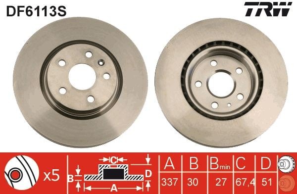 TRW Brake disc DF6113S DF6113S TRW performance brake discs for VAUXHALL