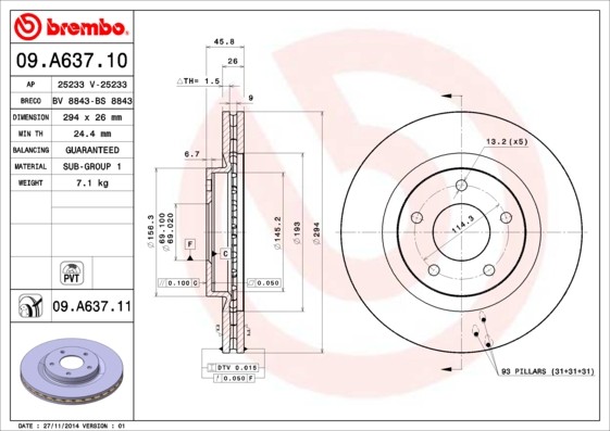 BREMBO Brzdový kotouč 09.A637.10 BREMBO 09.A637.10 Brzdové kotúče TOYOTA HIACE cena