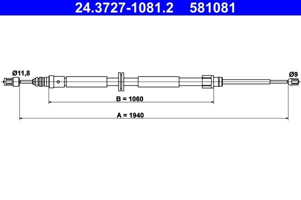 ATE Tautrekk, håndbremse 24.3727-1081.2 Bremsekabel ATE Renault CLIO 24.3727-1081.2