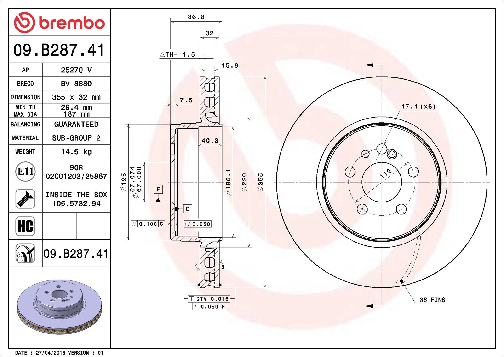 BREMBO Disque de frein 09.B287.41 BREMBO 09.B287.41 Disque de frein MAYBACH 57 (240_) 5.5 (240.078) 551 CV 2002