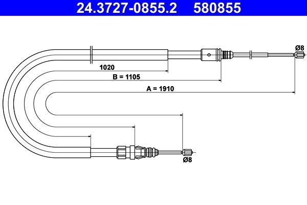 ATE Håndbremsekabel 24.3727-0855.2 24.3727-0855.2 Håndbremsen CITROËN XANTIA ATE