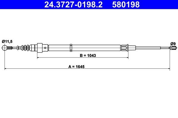 ATE Håndbremsekabel 24.3727-0198.2 Håndbremse ATE Skoda ROOMSTER 24.3727-0198.2