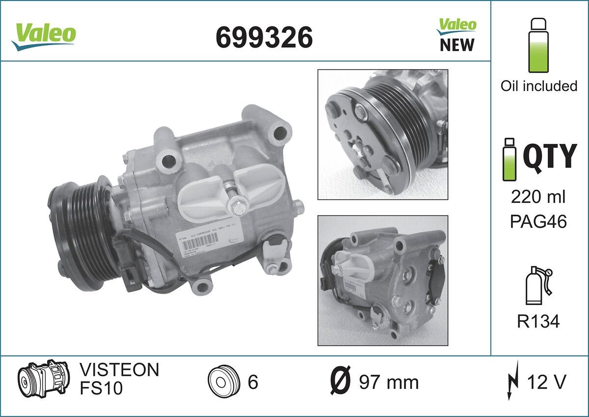 Compressor, ar condicionado VALEO 699326 VALEO 699326 Compressor de ar condicionado FORD TRANSIT 2000