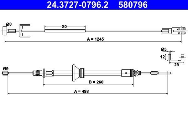 ATE Tautrekk, håndbremse 24.3727-0796.2 Bremsewire ATE TWINGO 24.3727-0796.2 billige