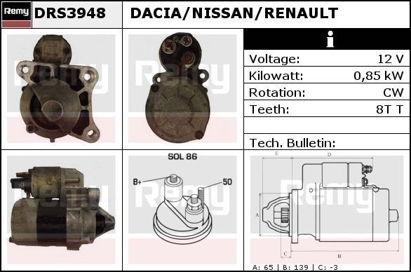 DELCO REMY Starter DRS3948 Starter DELCO REMY Dacia DOKKER DRS3948