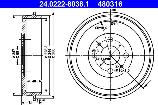 ATE Brake drum 24.0222-8038.1 24.0222-8038.1 ATE brake drum for CITROЁN C2