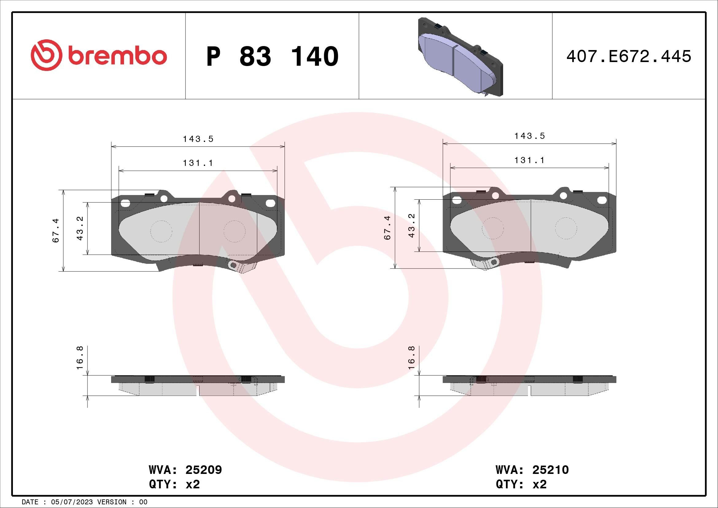BREMBO Bremseklosser P 83 140 BREMBO P 83 140 Bremseklosser TOYOTA Hilux VIII Pick-up 2.5 D 4WD (KUN125_) 102 hk 2023