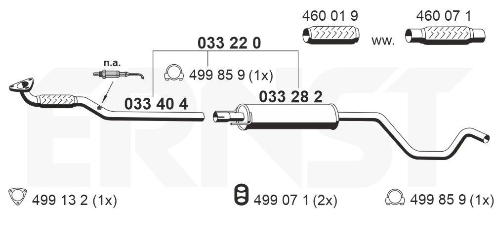 Uitlaat middendemper ERNST 033220 ERNST Set 033220: Middendemper Opel MERIVA 2006