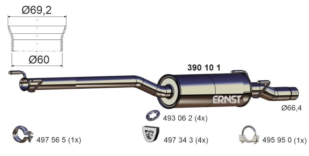 ERNST Uitlaat middendemper 390101 Mercedes-Benz 124-serie Tussendemper ERNST 390101
