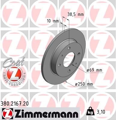 ZIMMERMANN Bremžu diski 380.2167.20 380.2167.20 COAT Z Bremžu disks SMART FORTWO ZIMMERMANN