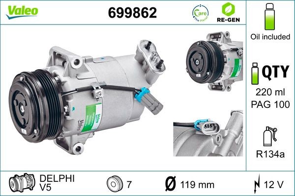 VALEO AC-kompressor 699862 VALEO 699862 Aircondition pumpe Opel Meriva x03 originale pris