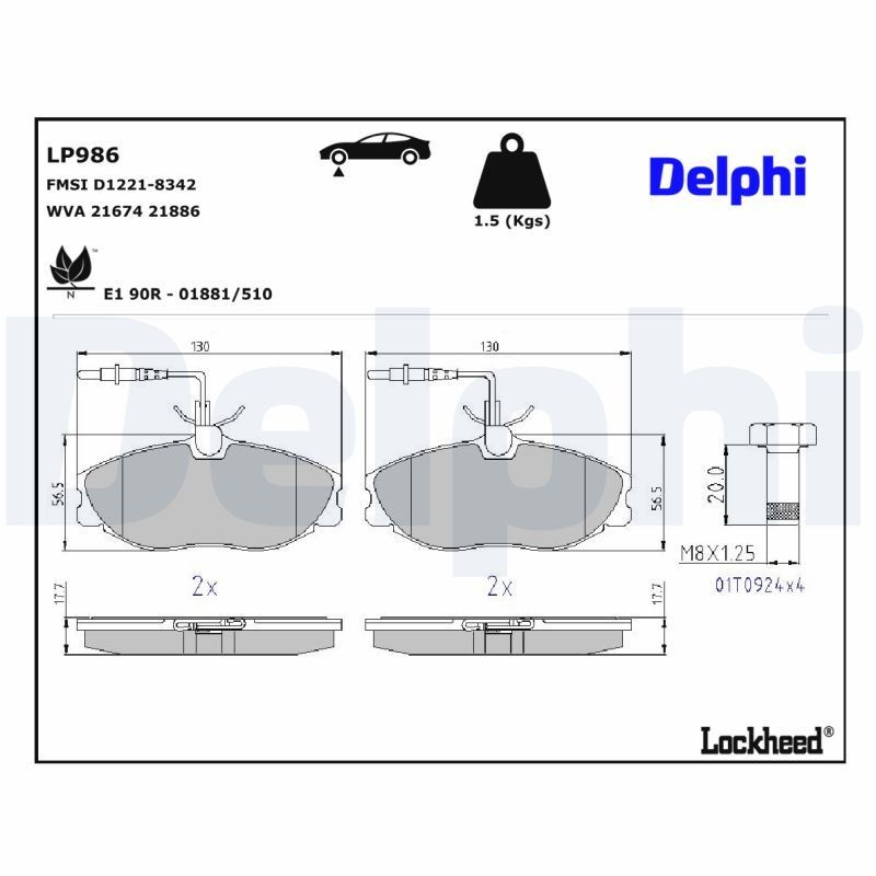 DELPHI Plaquettes de frein LP986 DELPHI LP986 Plaquettes de frein PEUGEOT 406 Break 1.8 16V 110 CV 1997