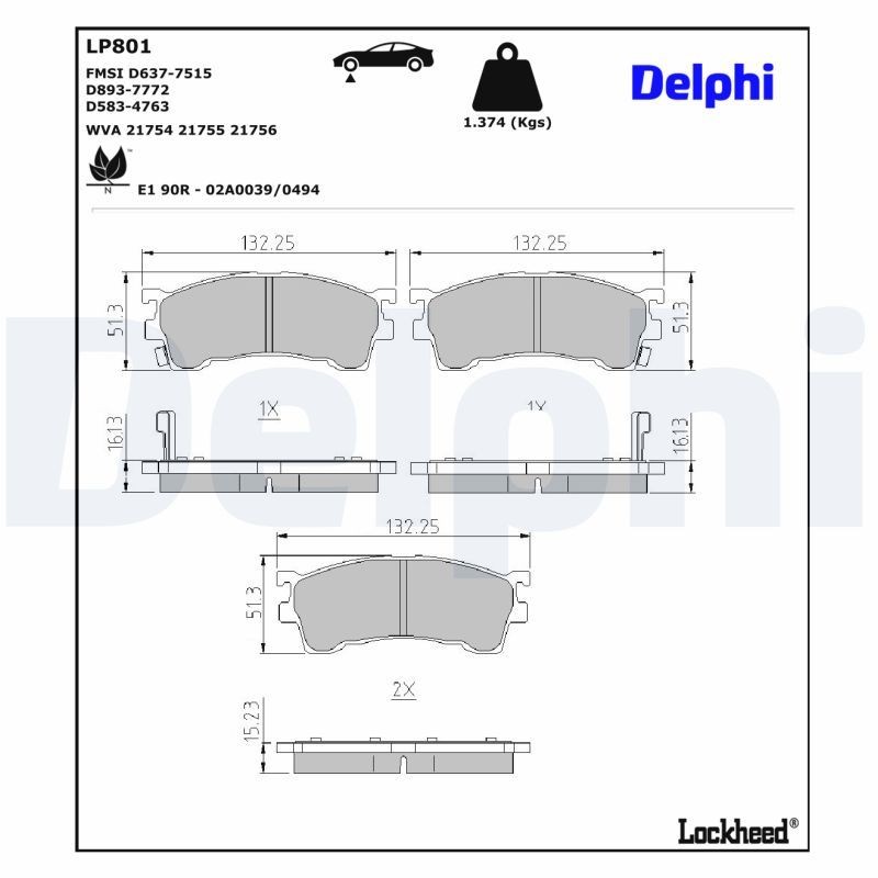 DELPHI Pastilhas de travão LP801 DELPHI LP801 Pastilhas de travão MAZDA 626 IV Sedan (GE) 2.0 D GLX Comprex (GEFP) 75 cv 1995