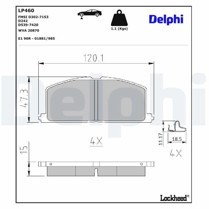 DELPHI Plaquettes de frein LP460 DELPHI LP460 Plaquettes de frein TOYOTA Corolla Berline (E20, E30) 1.2 (KE30_, KE20, KE25) 58 CV 1977